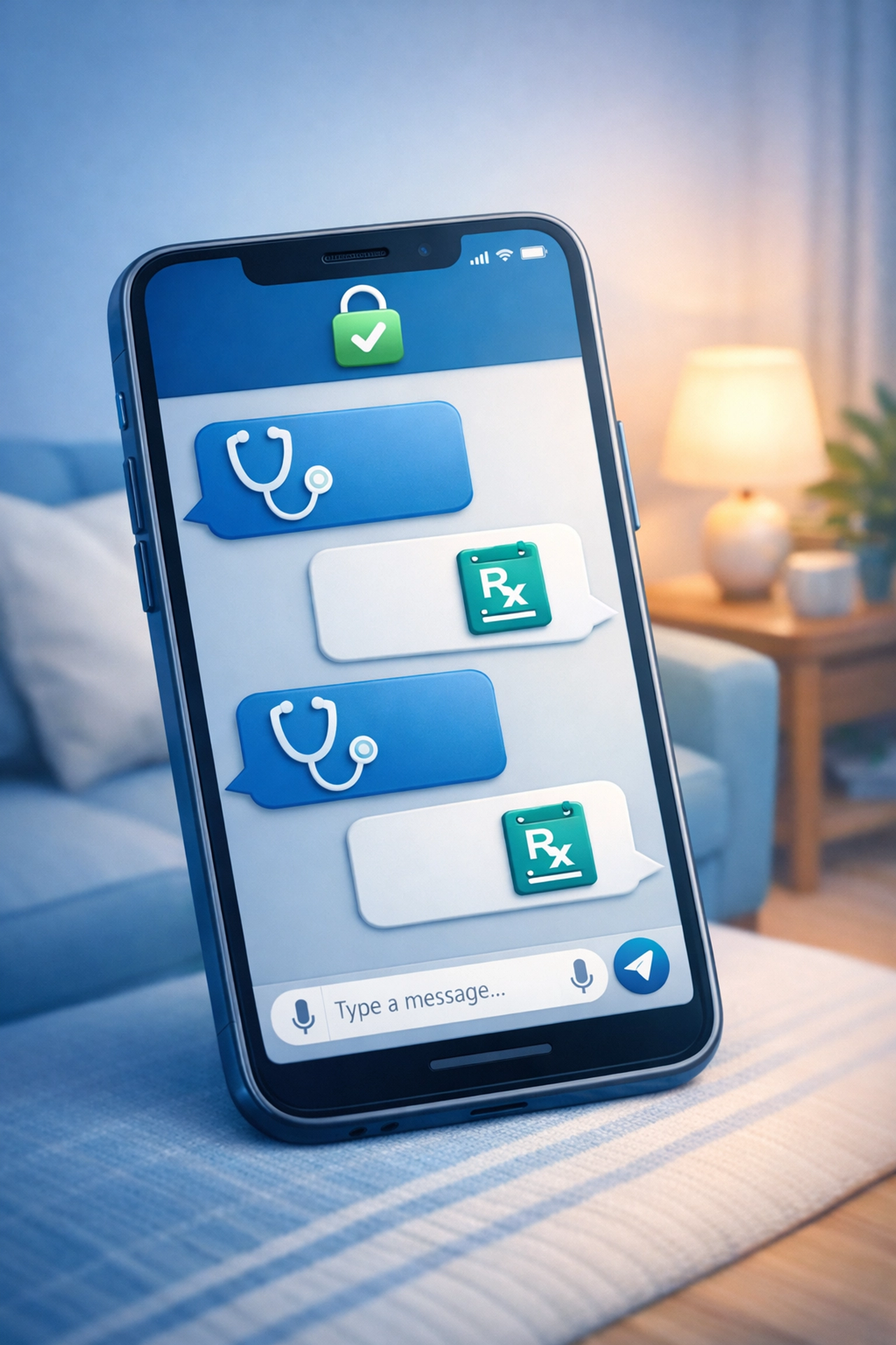 Smartphone showing text-based telehealth chat with doctor for asthma refill prescription
