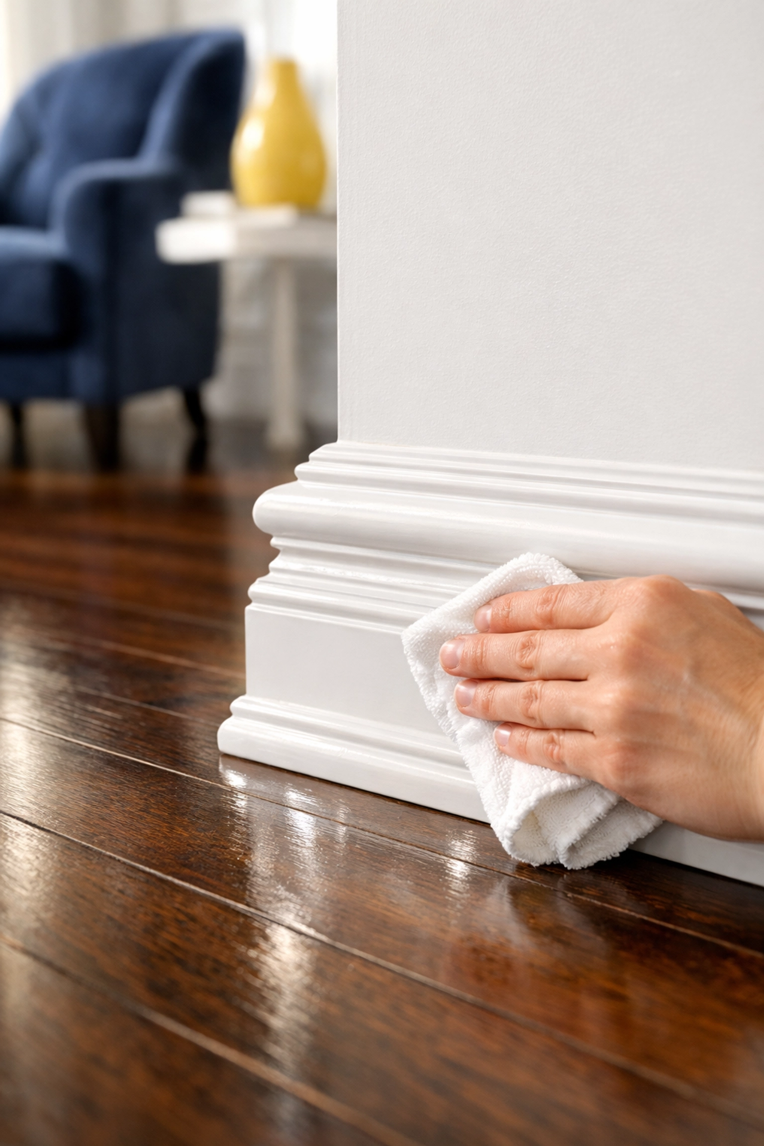 Professional hand wiping white baseboards for high-end residential cleaning MA services.