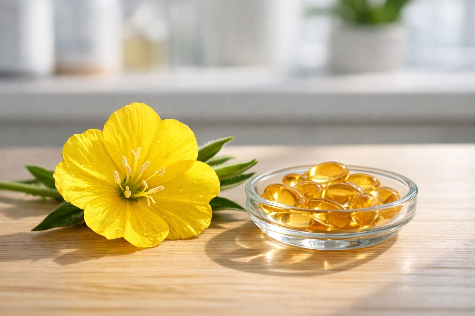 Evening primrose oil for women softgels in a glass dish with yellow wildflowers on a clean wooden surface.