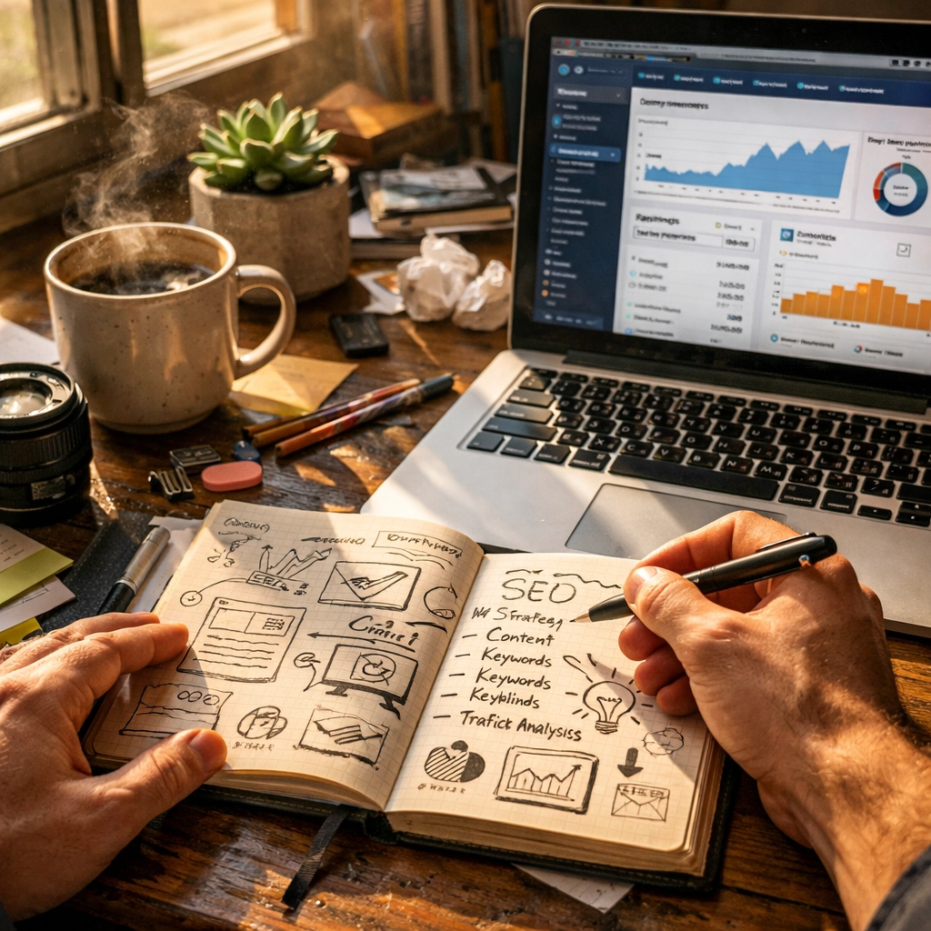 A content creator’s workspace demonstrating human expertise and experience for E-E-A-T search optimization.