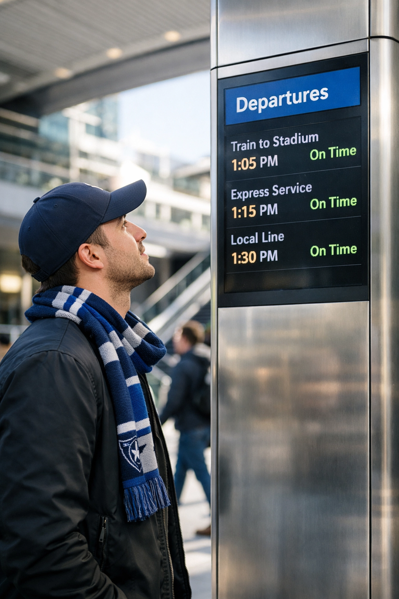 Digital out-of-home advertising screen in a modern transit hub reaching sports fans on the move.