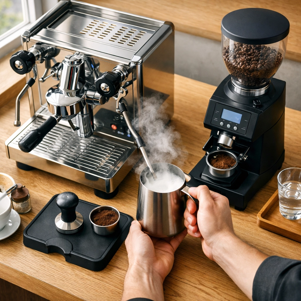 Professional barista workstation showing a streamlined coffee shop set up for efficient espresso service.