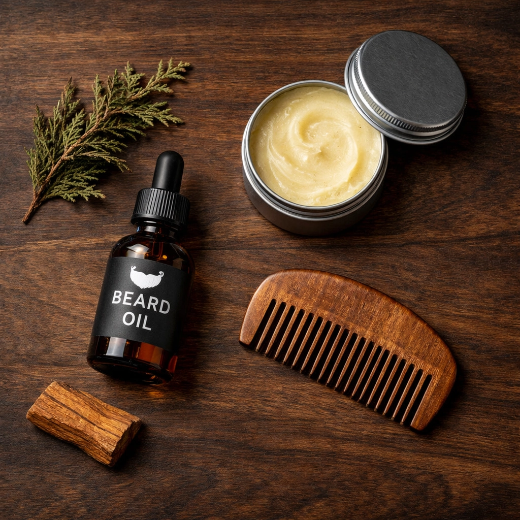 Essential beard grooming kit featuring natural beard oil, conditioning butter, and a wooden beard comb.