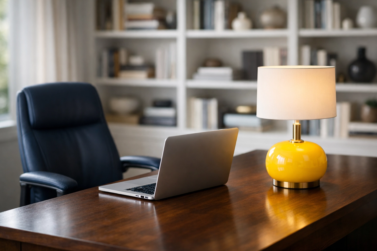 Dust-free home office workspace and bookshelves after a thorough weekly house cleaning in Southborough.