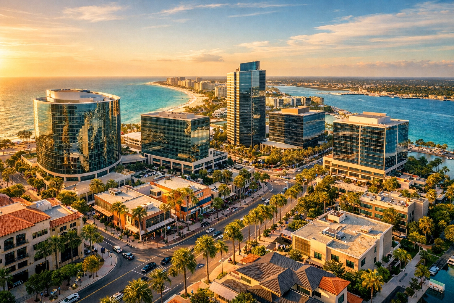 Aerial view of a thriving Florida business district, ideal for E-2 visa investment and growth.