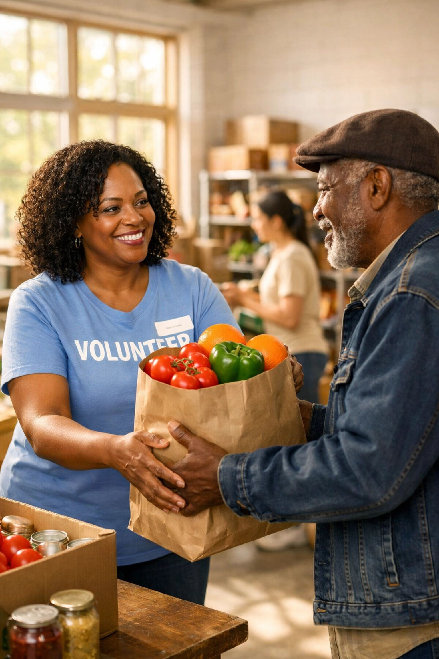 Friendly volunteer providing emergency food assistance and fresh produce at a New Jersey community food pantry.