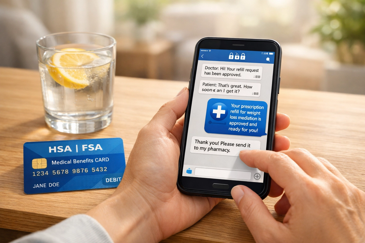 Using an HSA card and secure smartphone messaging to manage affordable GLP-1 weight loss medication refills.