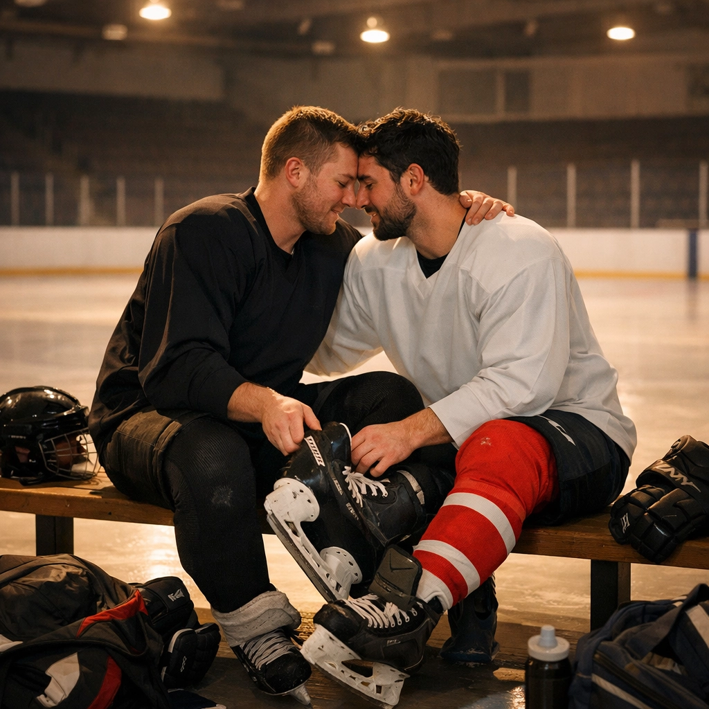 Romantic moment between gay hockey players after practice illustrating LGBTQ+ love in sports