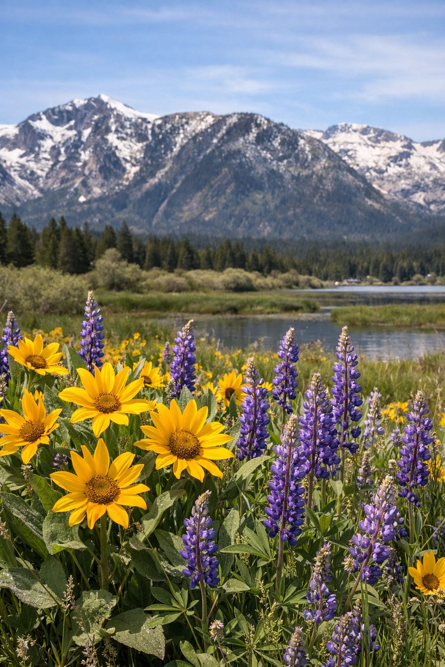 Vibrant spring wildflowers in the meadows of Tahoe Keys Hidden Cove with snow-dusted mountains in the background.