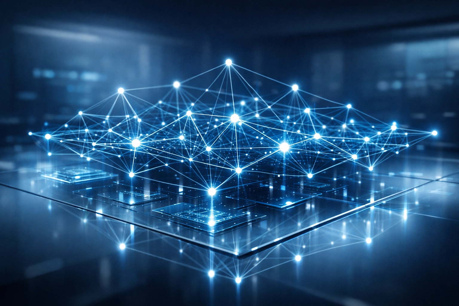 Interconnected data network nodes representing real-time operational visibility and AI workflow automation.