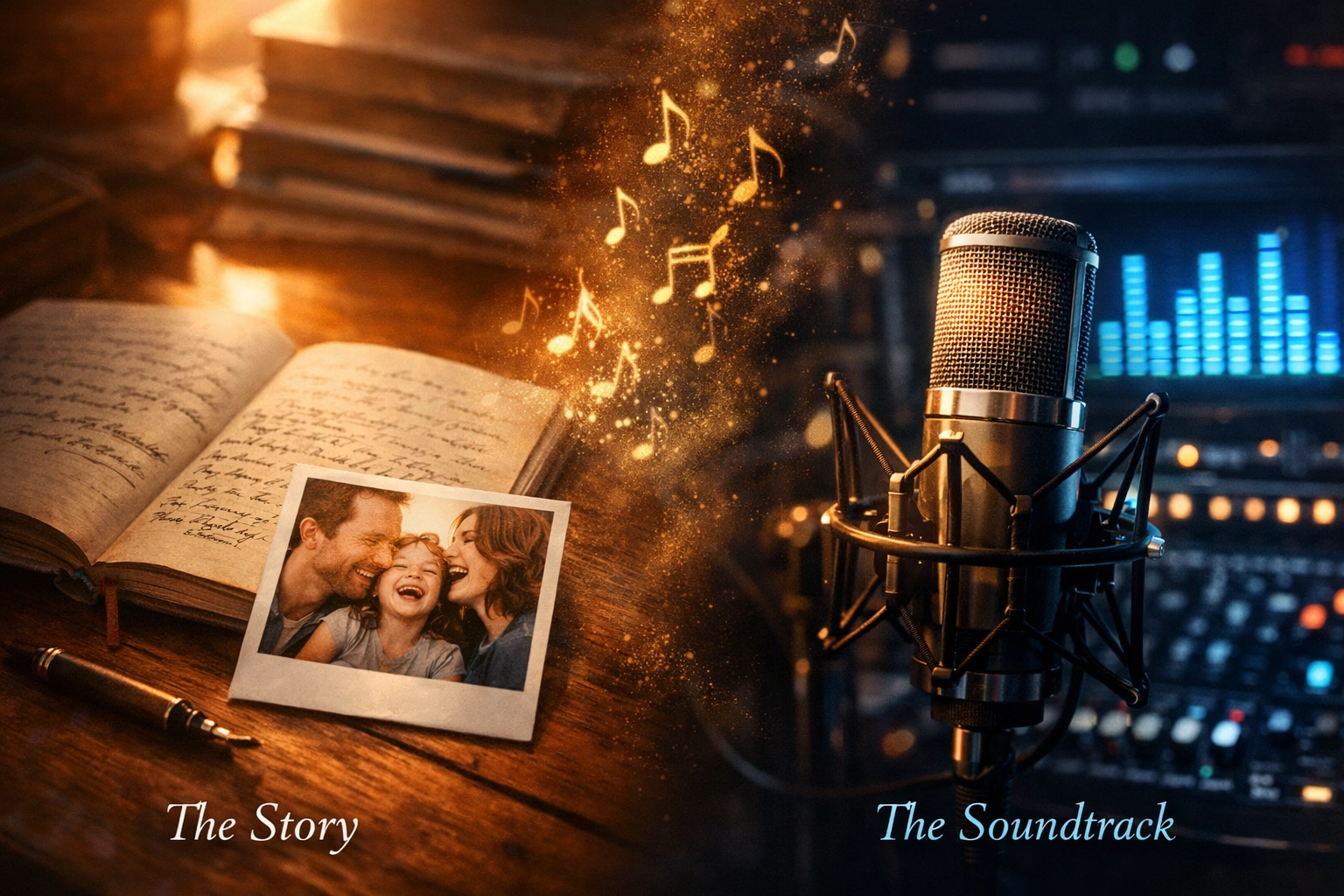 Desk with a journal and photo merging into a professional recording studio for custom songwriting.