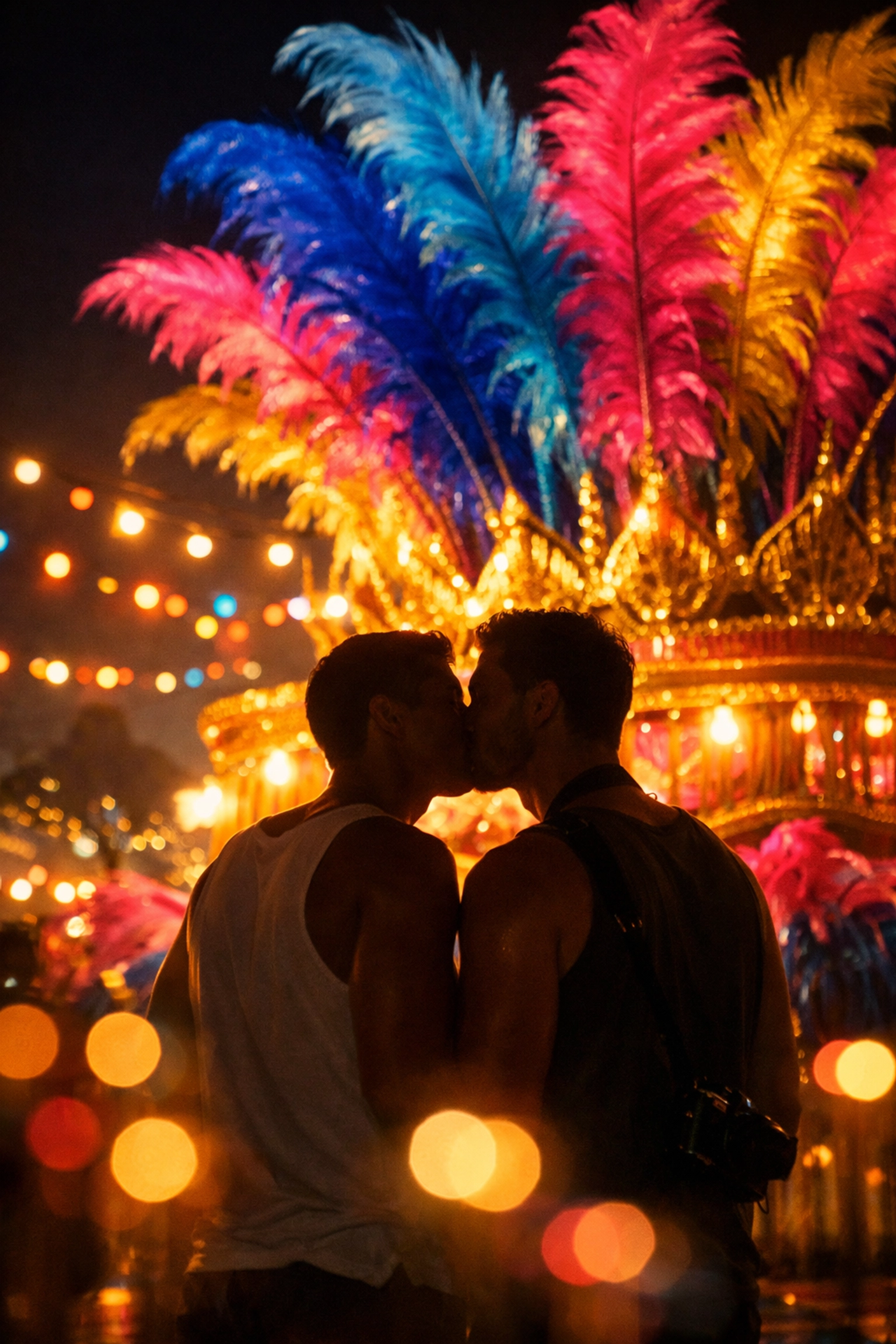 Two men share romantic moment behind colorful Rio Carnival float at night