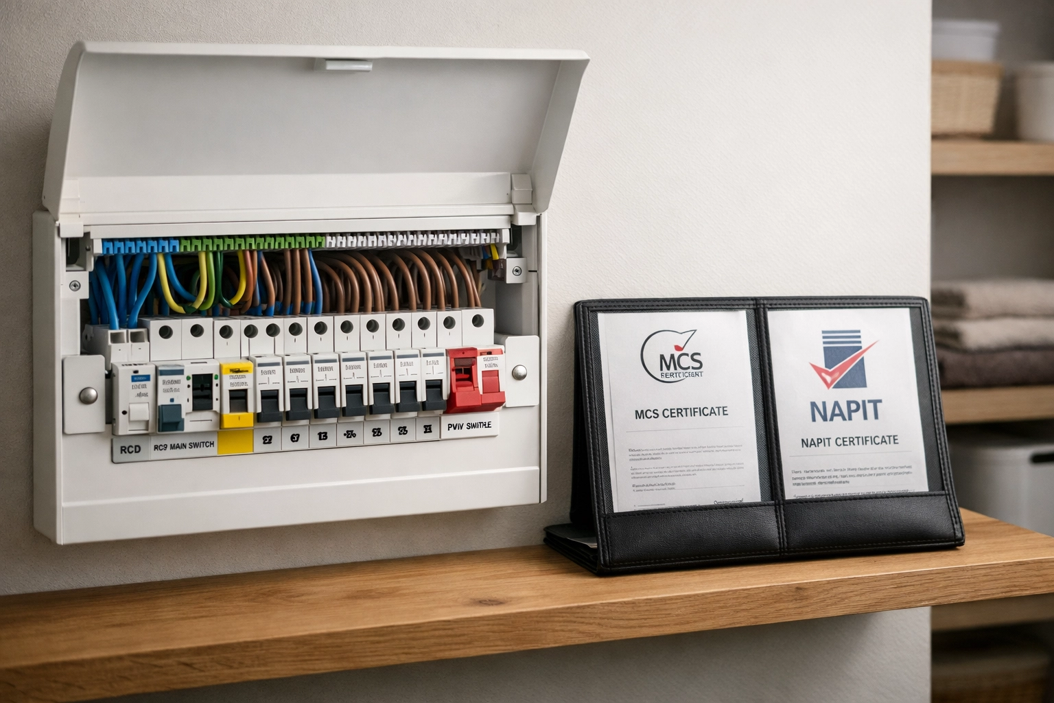 MCS and NAPIT certified solar installation paperwork next to a professionally wired UK consumer unit.