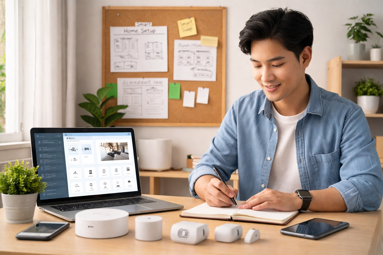 Man documenting smart home device setup and configurations at home office desk