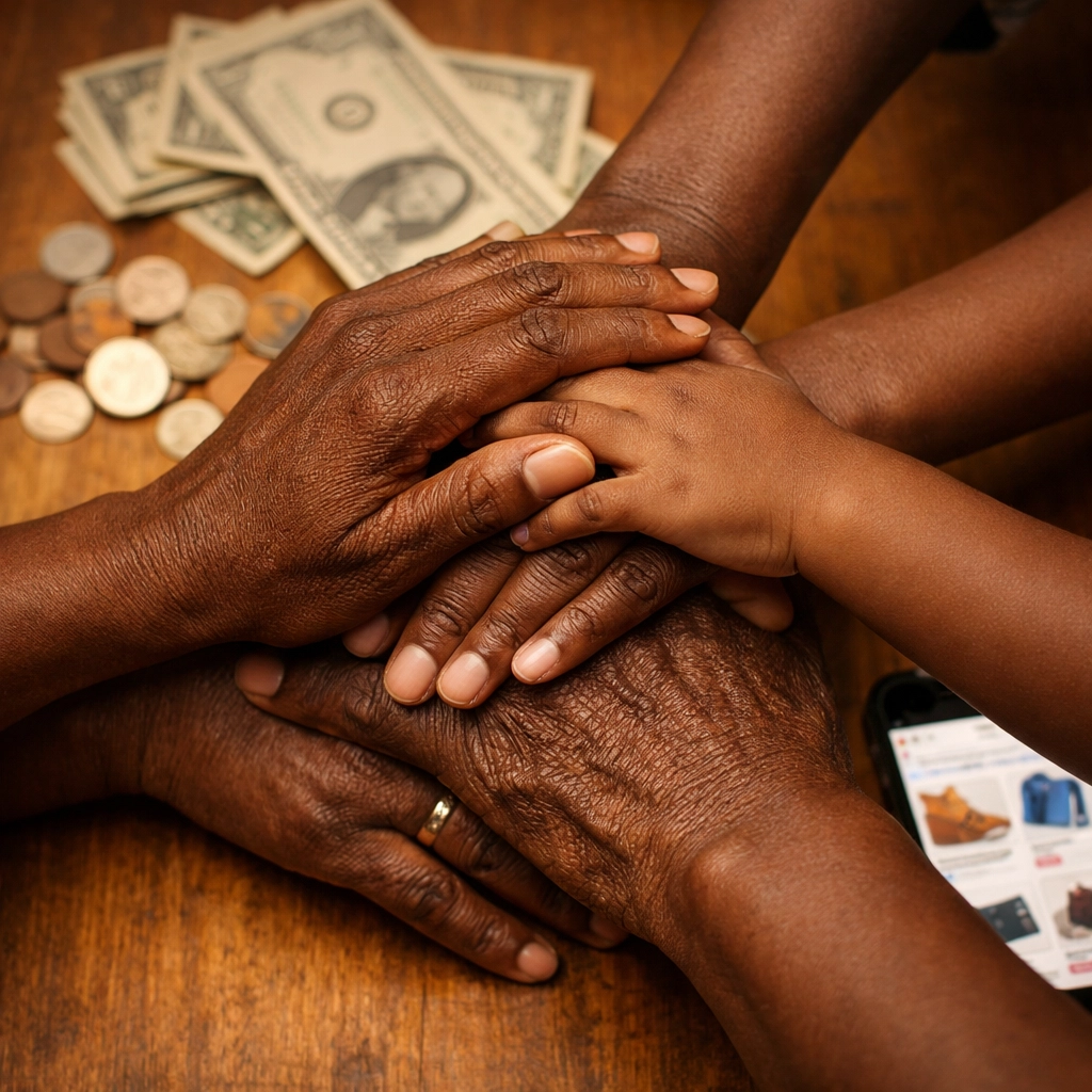 Black community hands united over money symbolizing Buyblack movement economic power