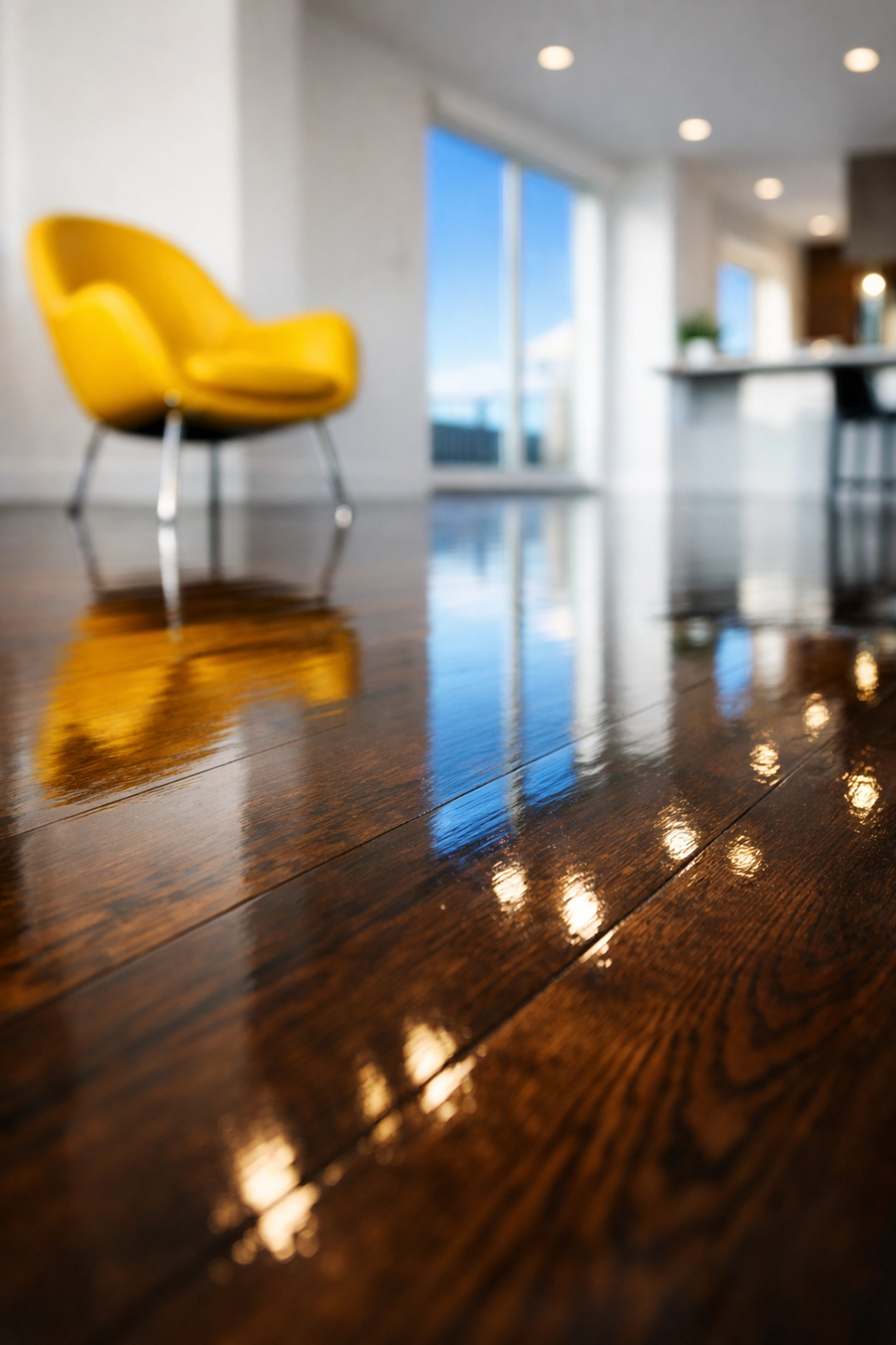 Gleaming dark oak hardwood floors in a Massachusetts home after a professional deep cleaning service.