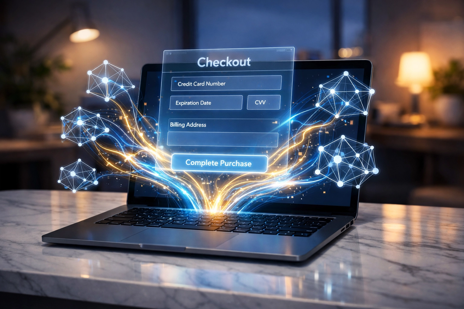 AI-powered Web3 checkout interface emerging from a laptop screen for merchant integration.