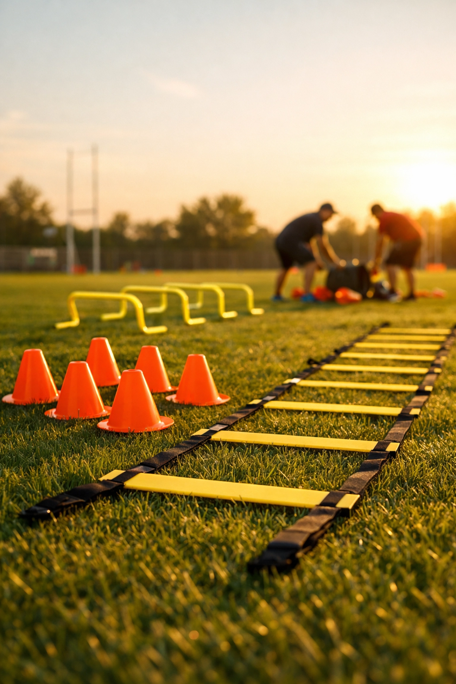 Agility ladder, training cones, and speed hurdles laid out on grass for team training session