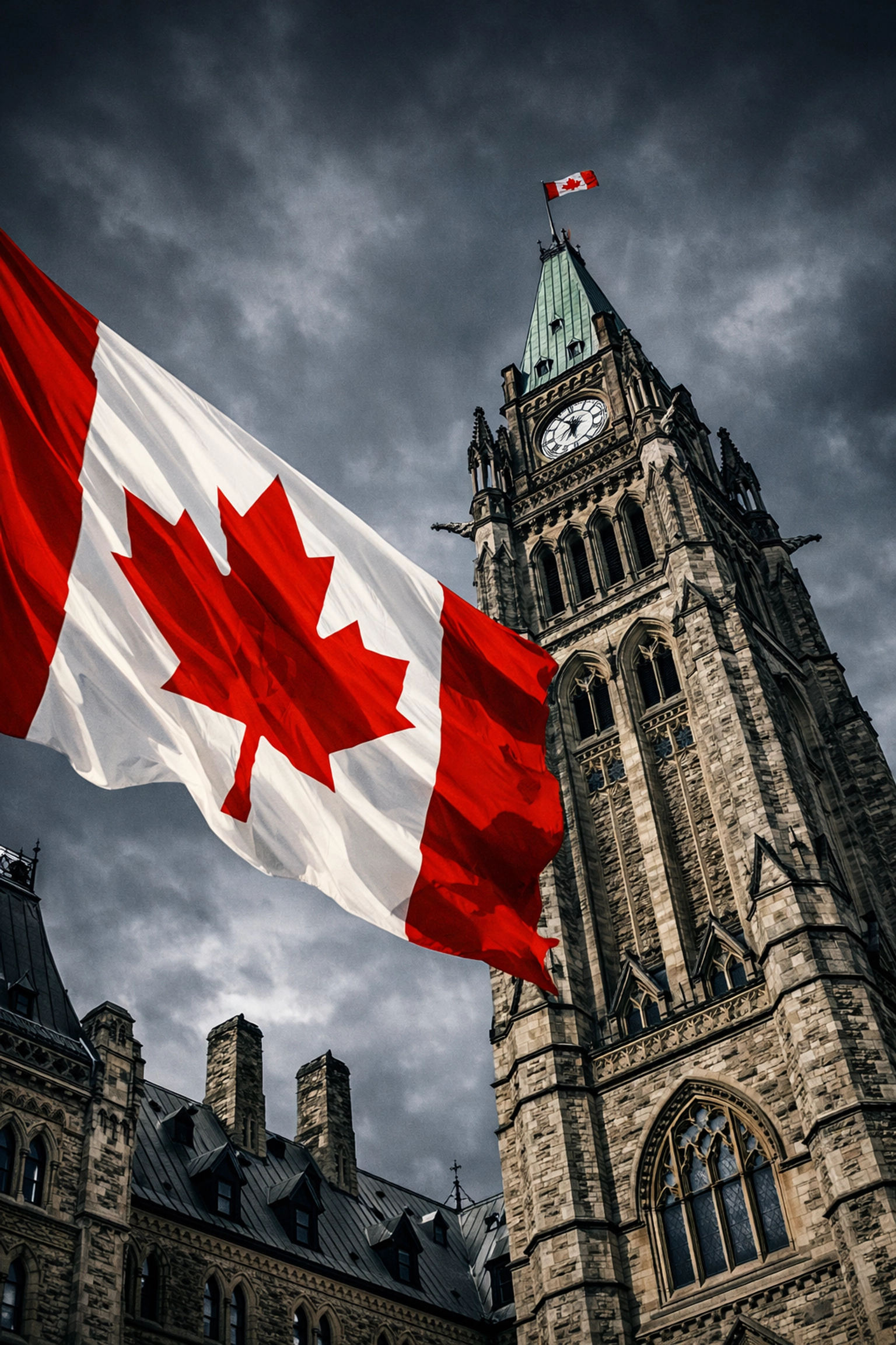 The Peace Tower in Ottawa with a Canadian flag, symbolizing national debates on immigration levels.