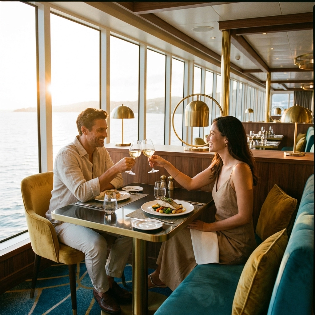 Elegant Virgin Voyages restaurant with ocean views and gourmet dining, perfect for adults only cruise experiences