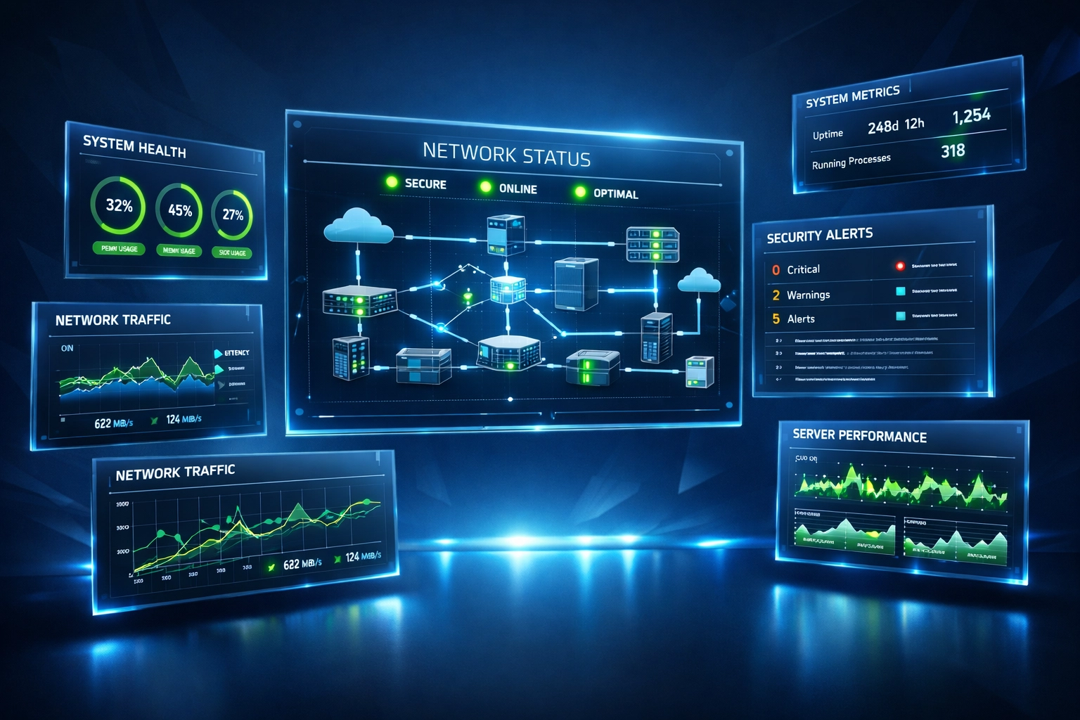 IT system monitoring dashboard showing network health metrics and performance indicators for managed services