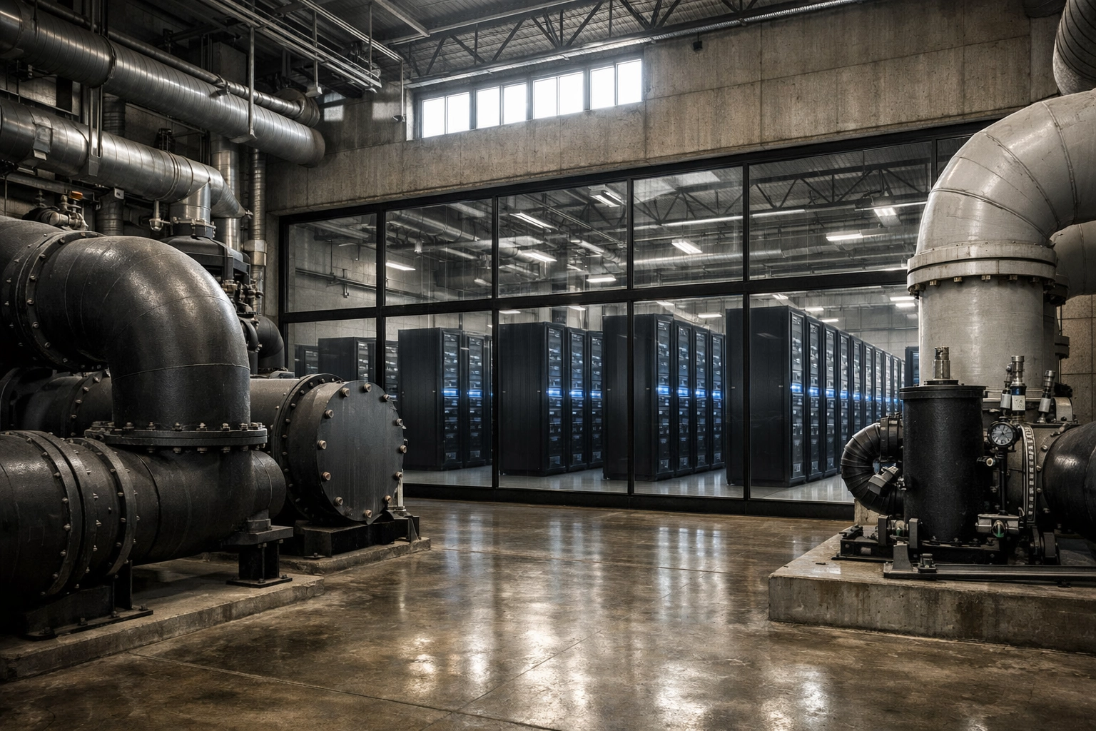 Industrial wastewater cooling pipes and AI server racks in a sustainable Austin data center facility.