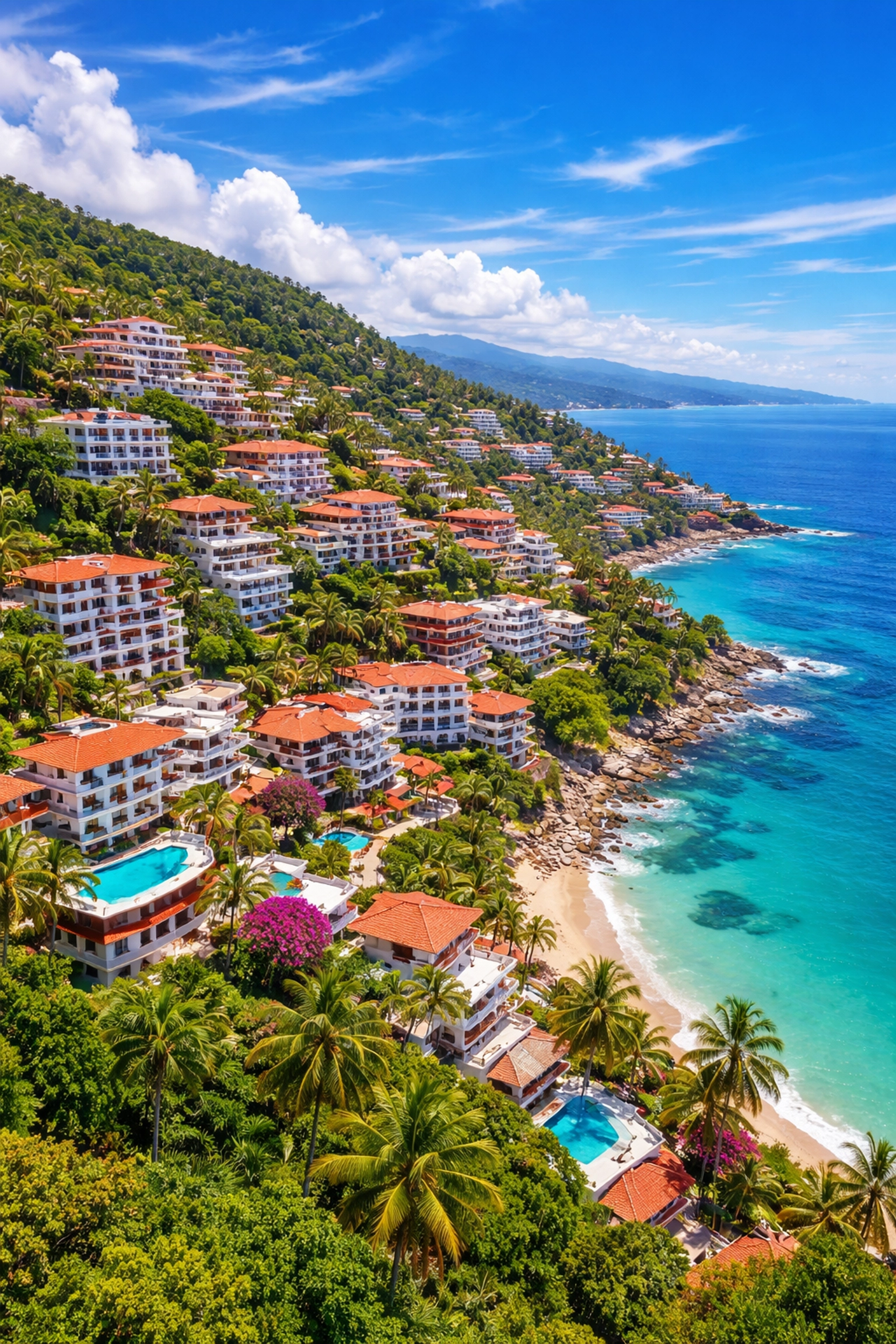 Aerial view of Amapas neighborhood in Puerto Vallarta with white villas, lush greenery, and ocean views