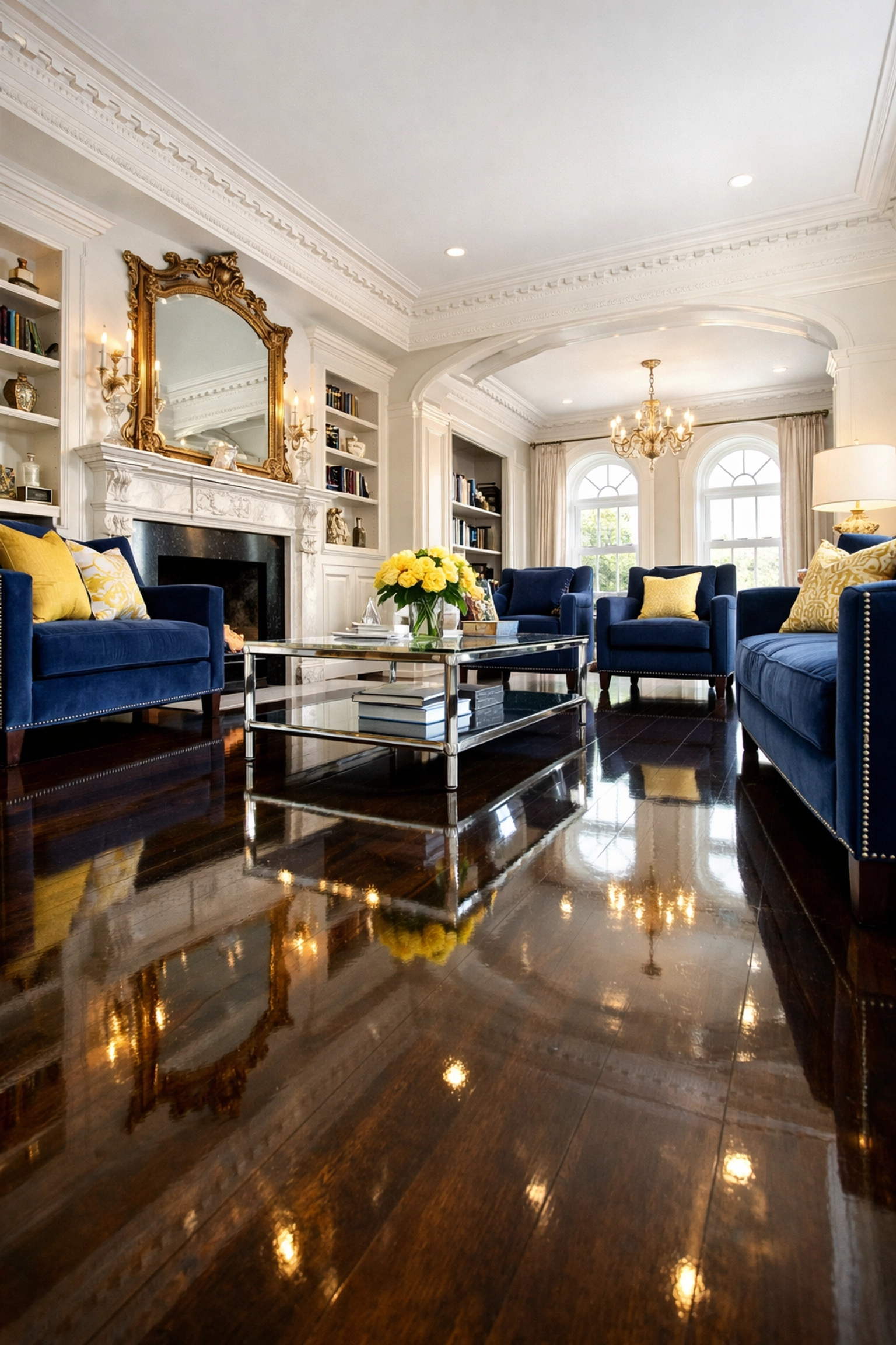 Professional deep cleaning Worcester in a luxury living room with polished hardwood floors and blue seating.