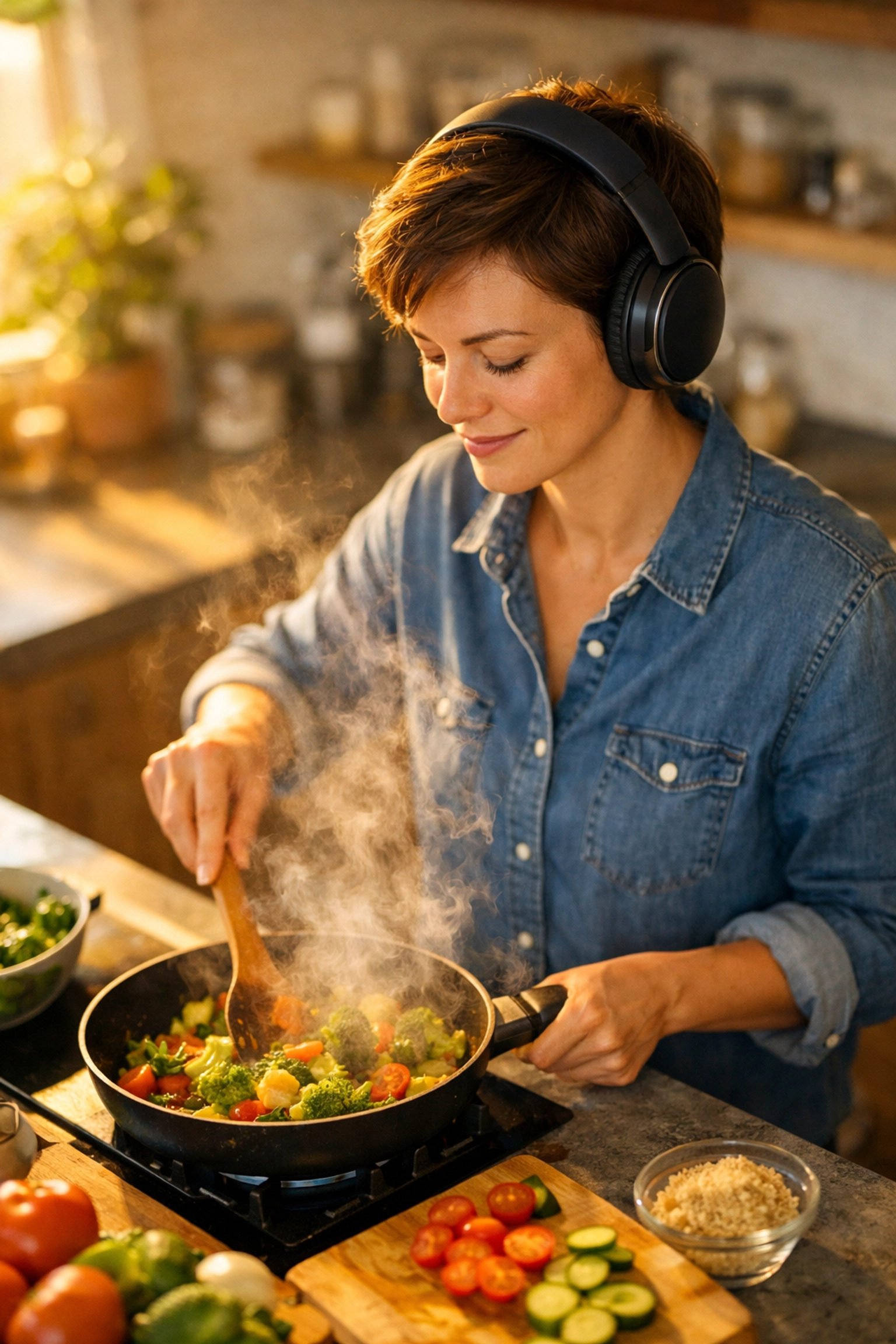A person wearing headphones while cooking, illustrating how audio learning fits into a busy daily routine.