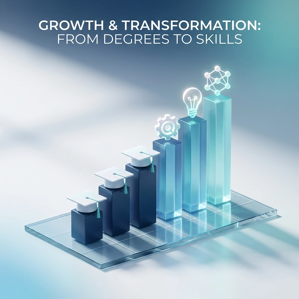 Bar chart showing the shift from degree-focused hiring to skills-based hiring practices in 2026