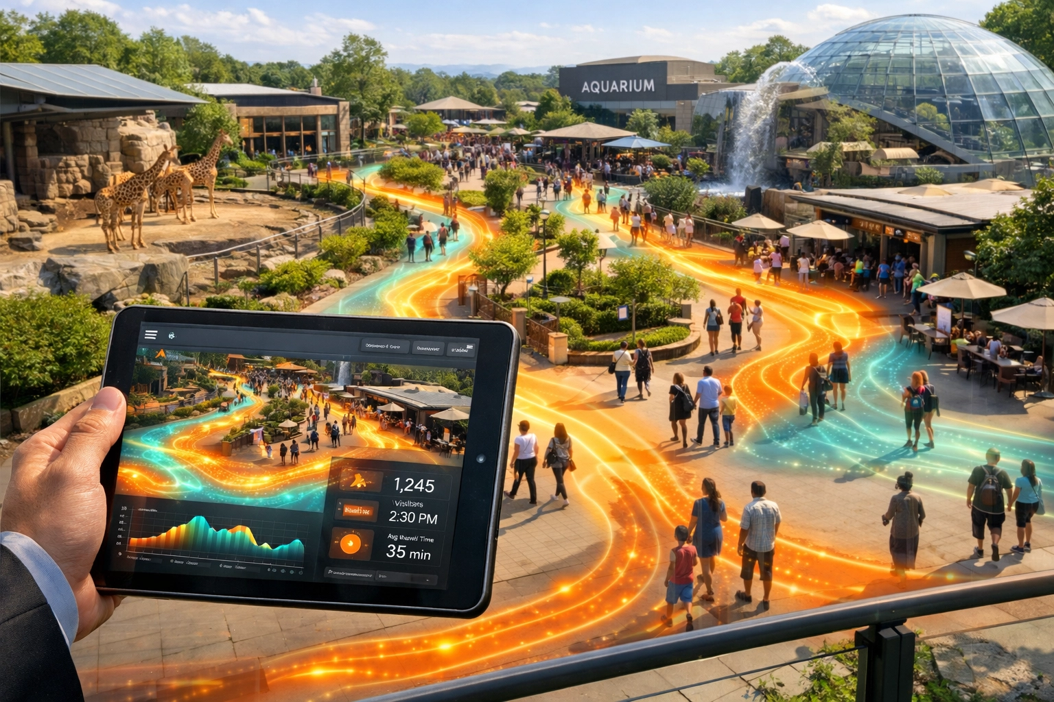 Zoo manager using a tablet to monitor IoT predictive analytics and visitor flow data in a smart venue.