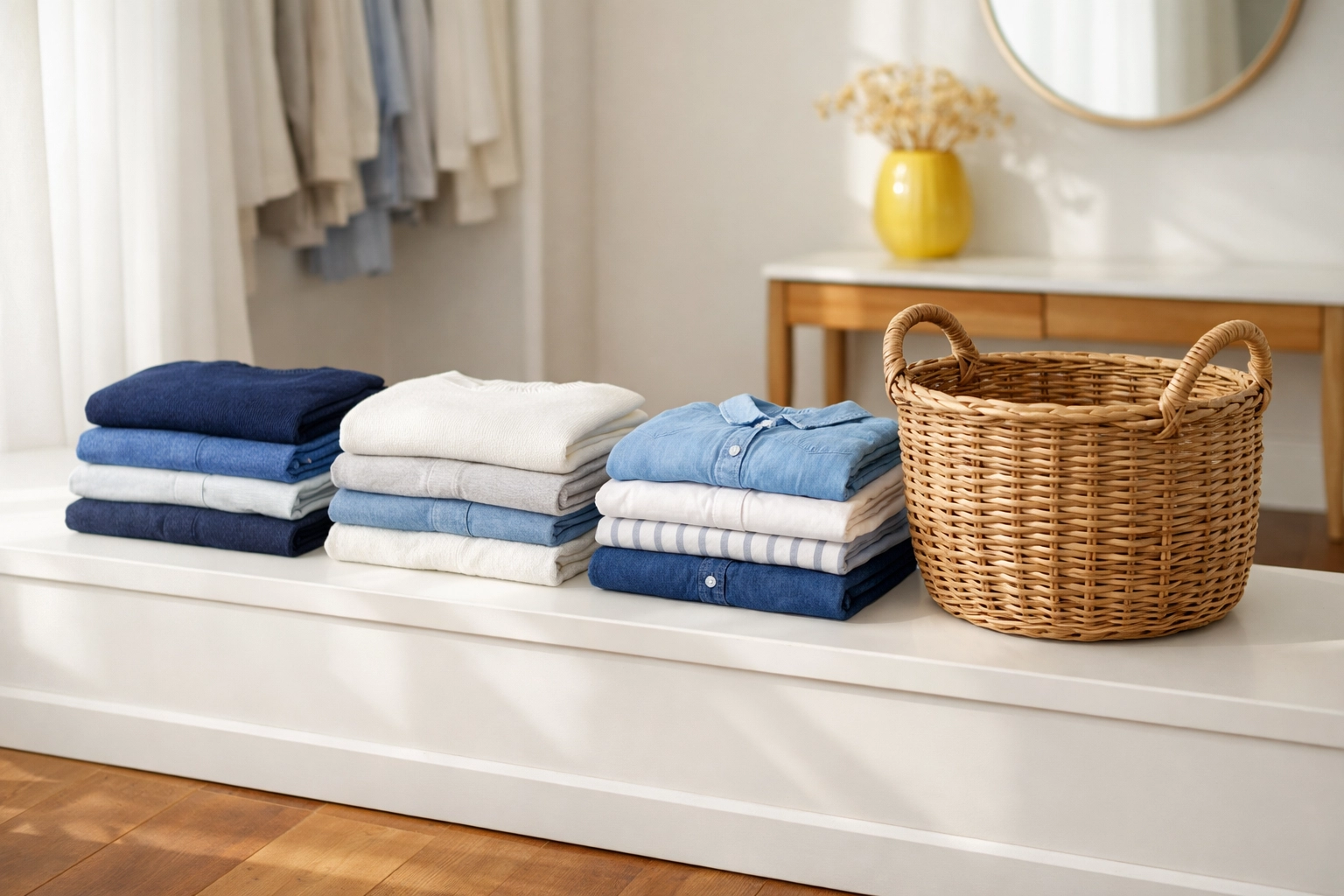 Folded clothing arranged for donation in a clean, minimalist dressing room after decluttering.
