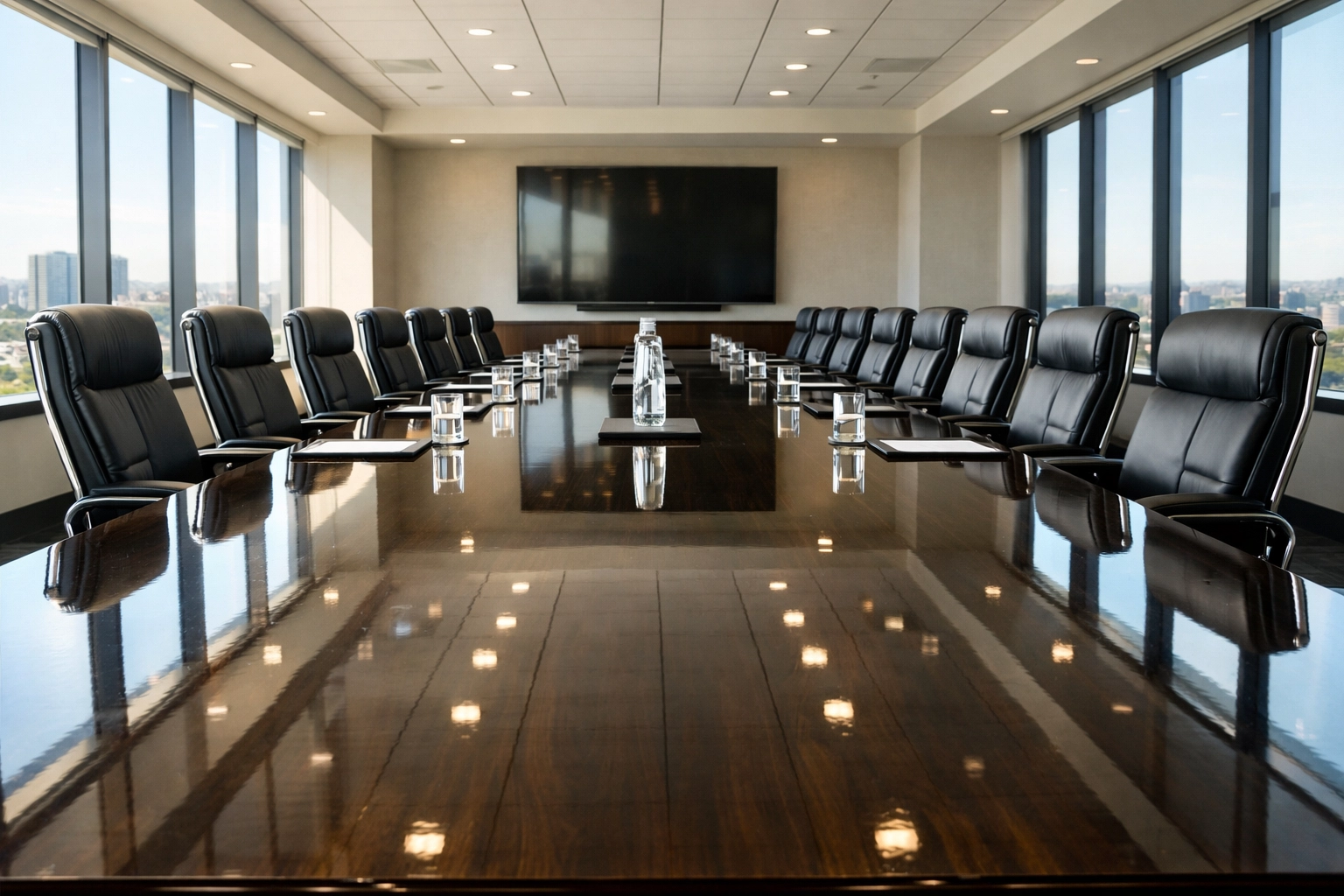 Immaculate corporate boardroom with a polished wood table and orderly chairs ready for a business meeting.