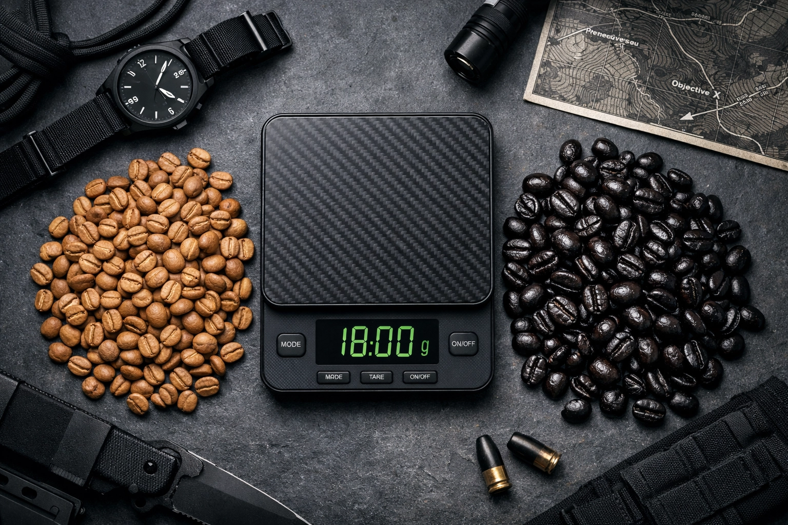 Comparing dark roast vs light roast strength by weighing dense and oily coffee beans on a scale.