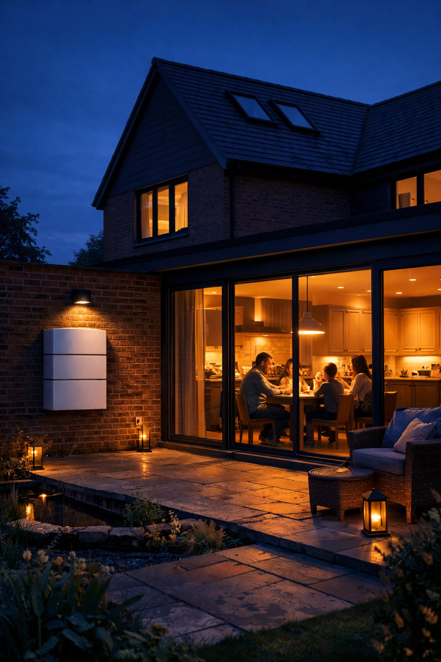 Exterior home battery storage unit providing clean energy for a modern house at twilight.