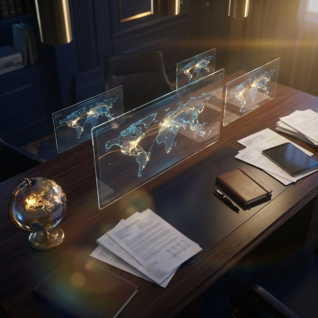 Global investment strategy desk with digital world maps, representing private equity diversification across regions.