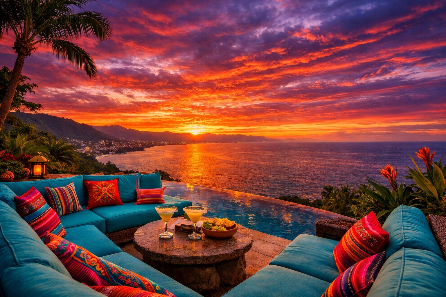 Sunset view over Banderas Bay from hillside terrace in Amapas Puerto Vallarta