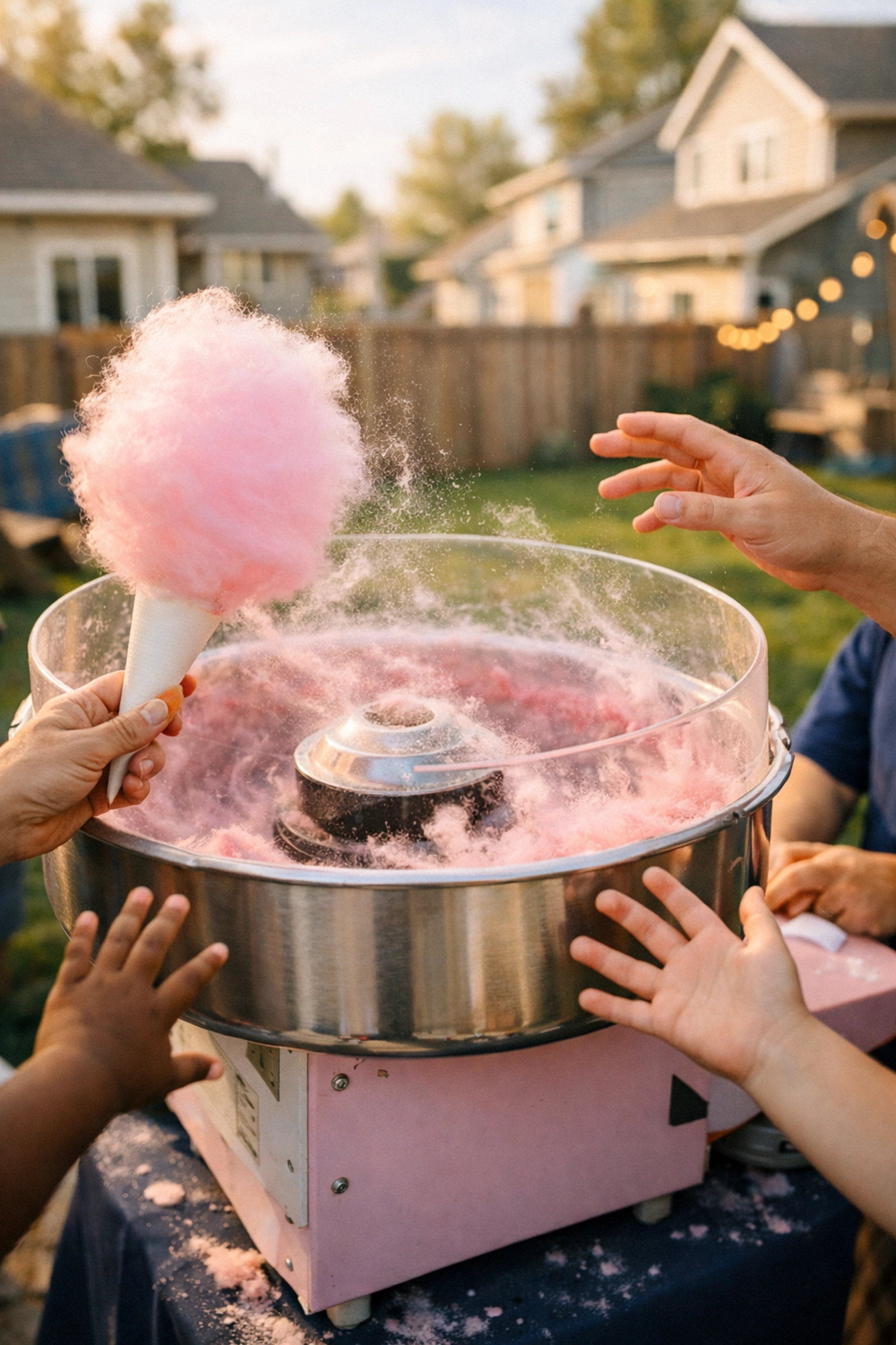 Cotton candy machine rental in backyard with neighbors reaching for fresh spun candy