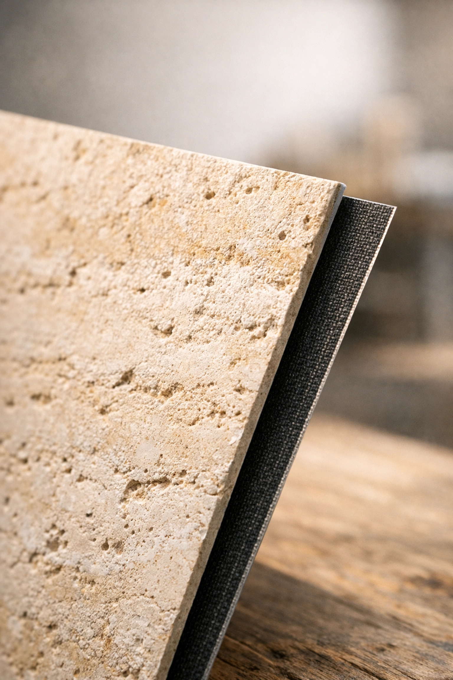 Gros plan sur un panneau de pierre de travertin mince ECO-FLEXI MCM montrant son profil de 2 mm et sa surface texturée.