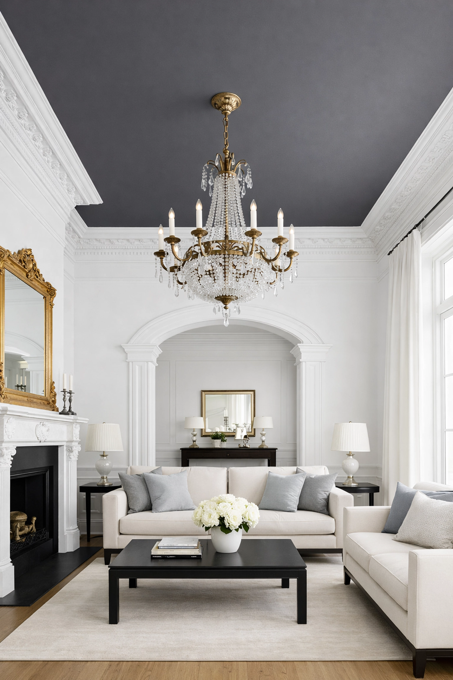 Dark charcoal ceiling in a high-ceilinged Regency townhouse, expertly painted for a grounded feel.