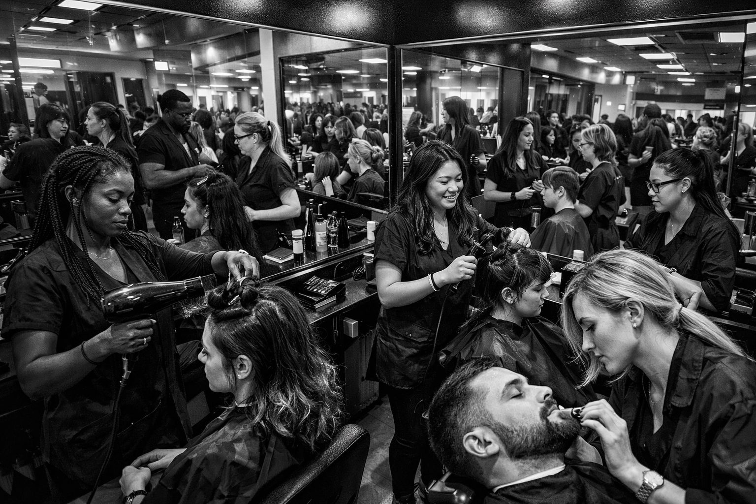 Diverse students providing professional hair services at the X-Quisite Cutz student clinic in Middletown, Ohio.