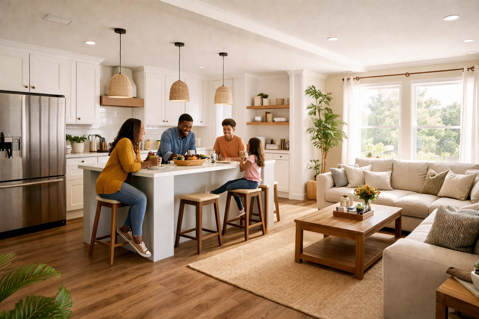 Family enjoying an open-concept kitchen and living room in a modern manufactured home