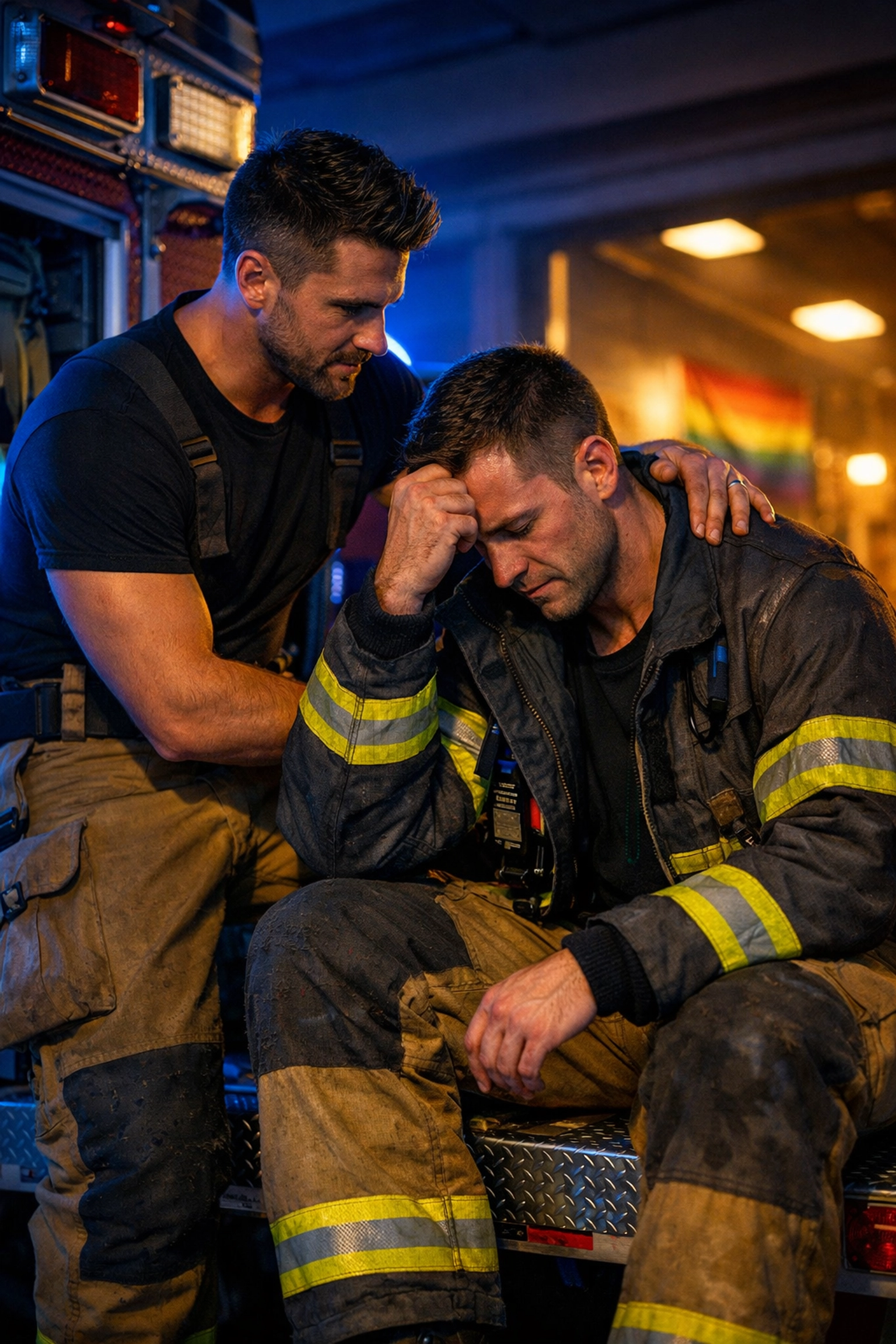 Gay firefighters providing peer mental health support at fire station