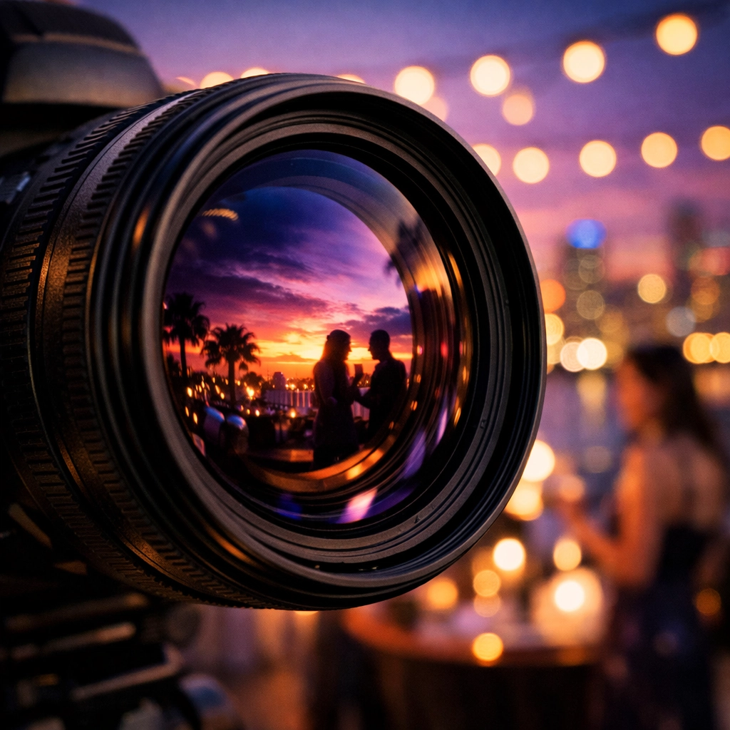 Close-up of a camera lens at a luxury Miami rooftop event with skyline bokeh at twilight.