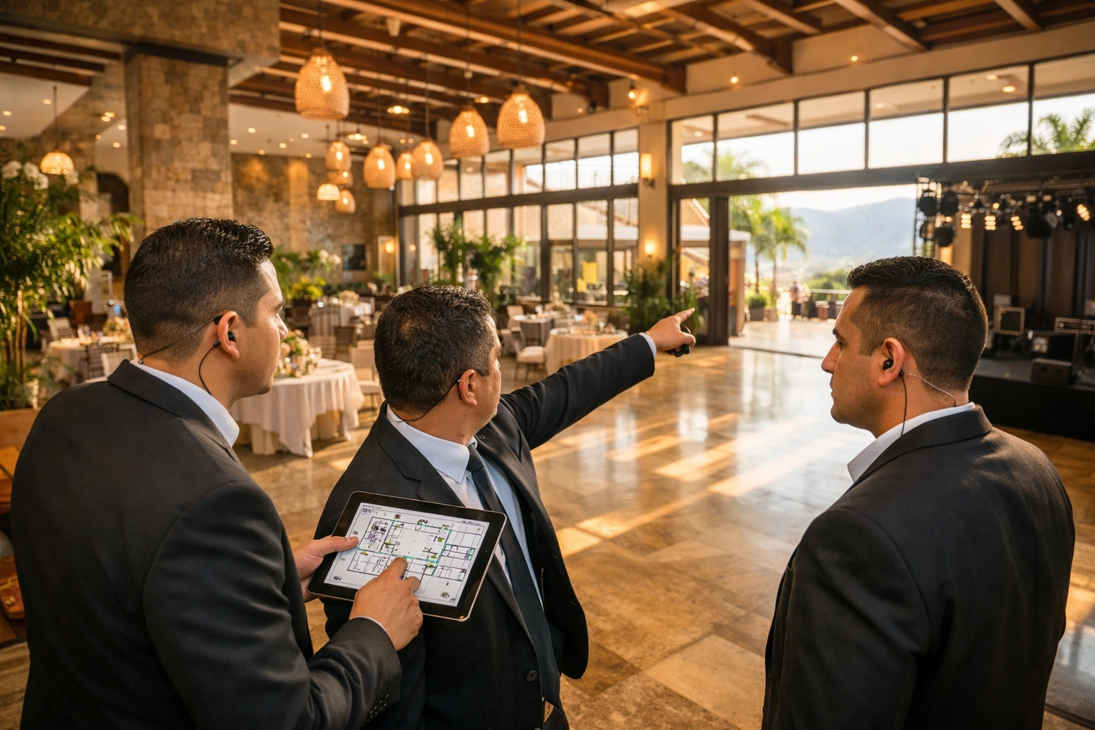 Professional event security team conducting pre-event venue walkthrough in Medellin