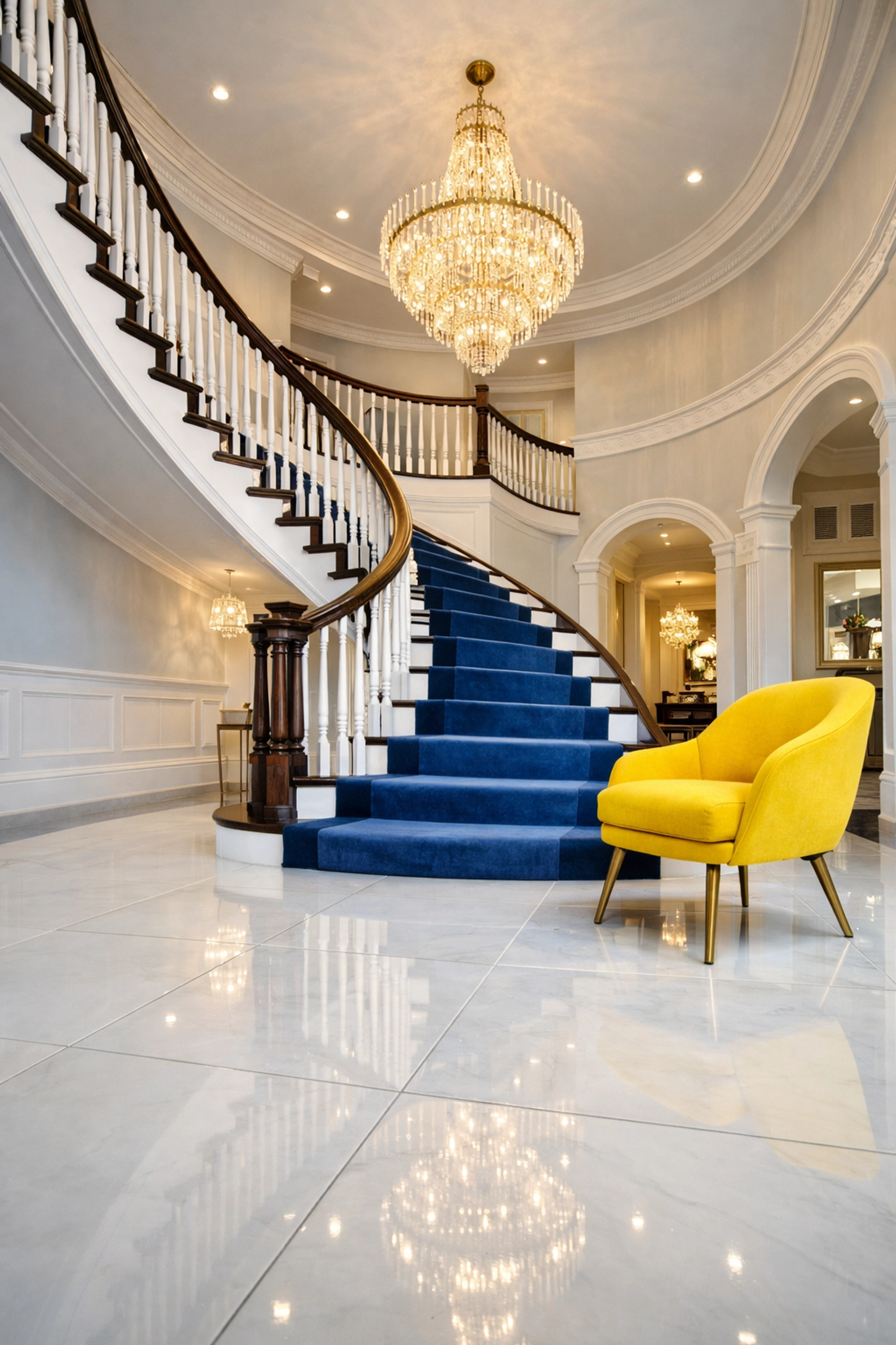 Grand Dover mansion foyer with pristine white tile floors from residential cleaning Massachusetts.