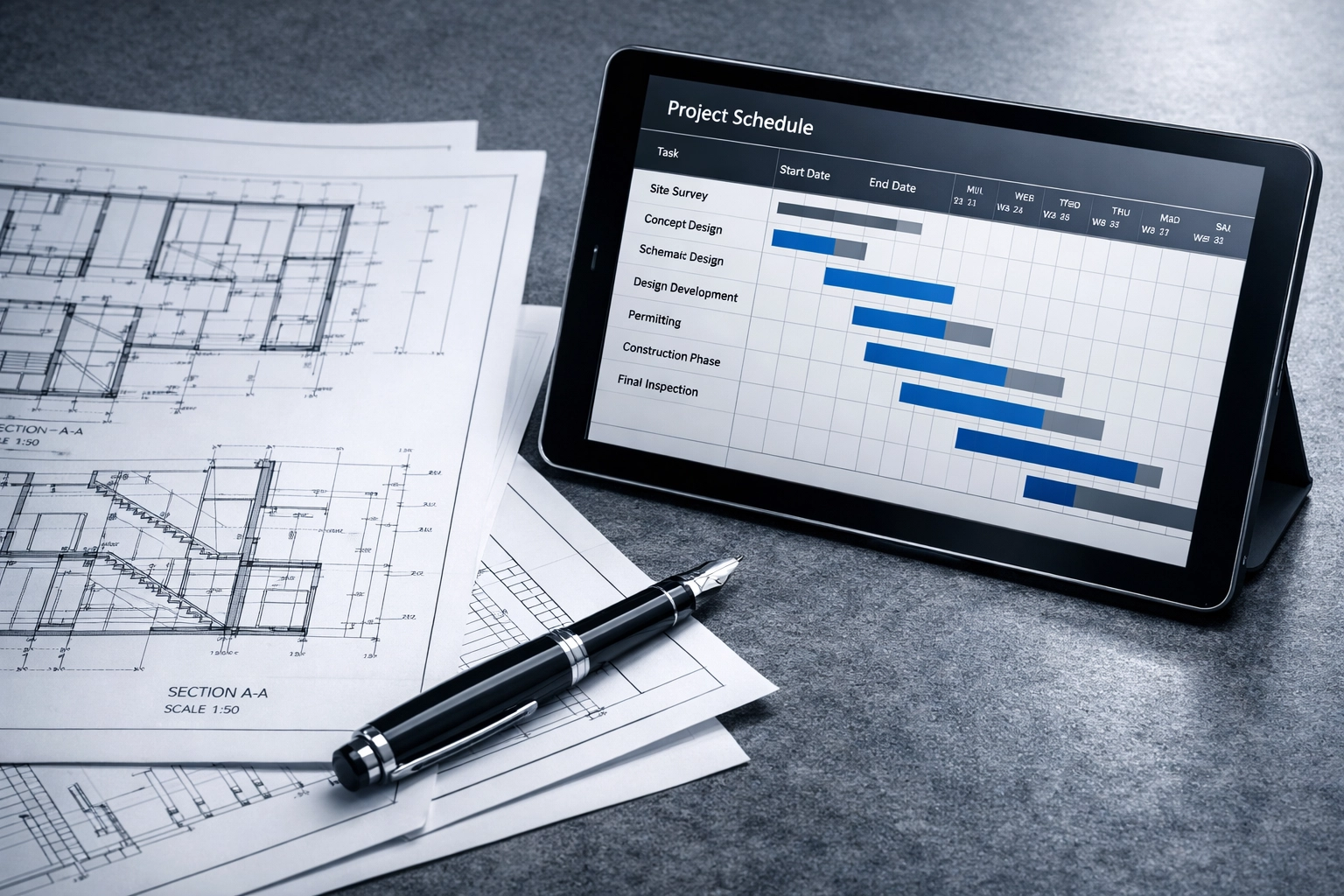 Professional superintendent services managing project schedules and blueprints to maximize development ROI.