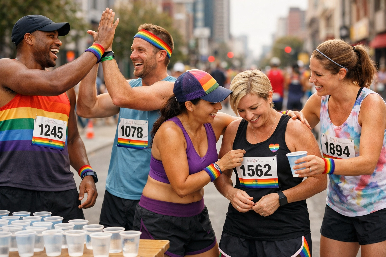 LGBTQ+ marathon runners sharing encouragement and support at water station