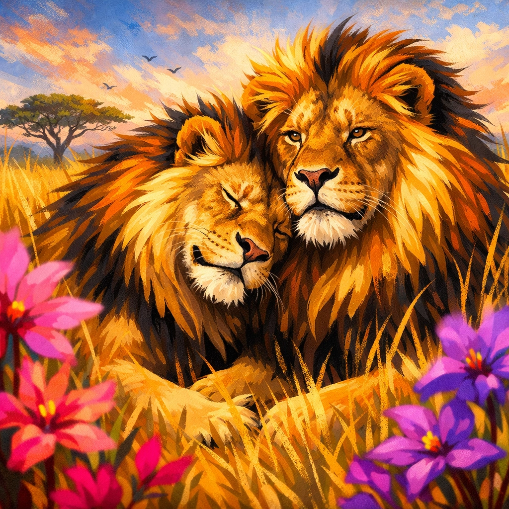 Two male lions resting affectionately in golden grass, highlighting the natural beauty of male-male bonds.