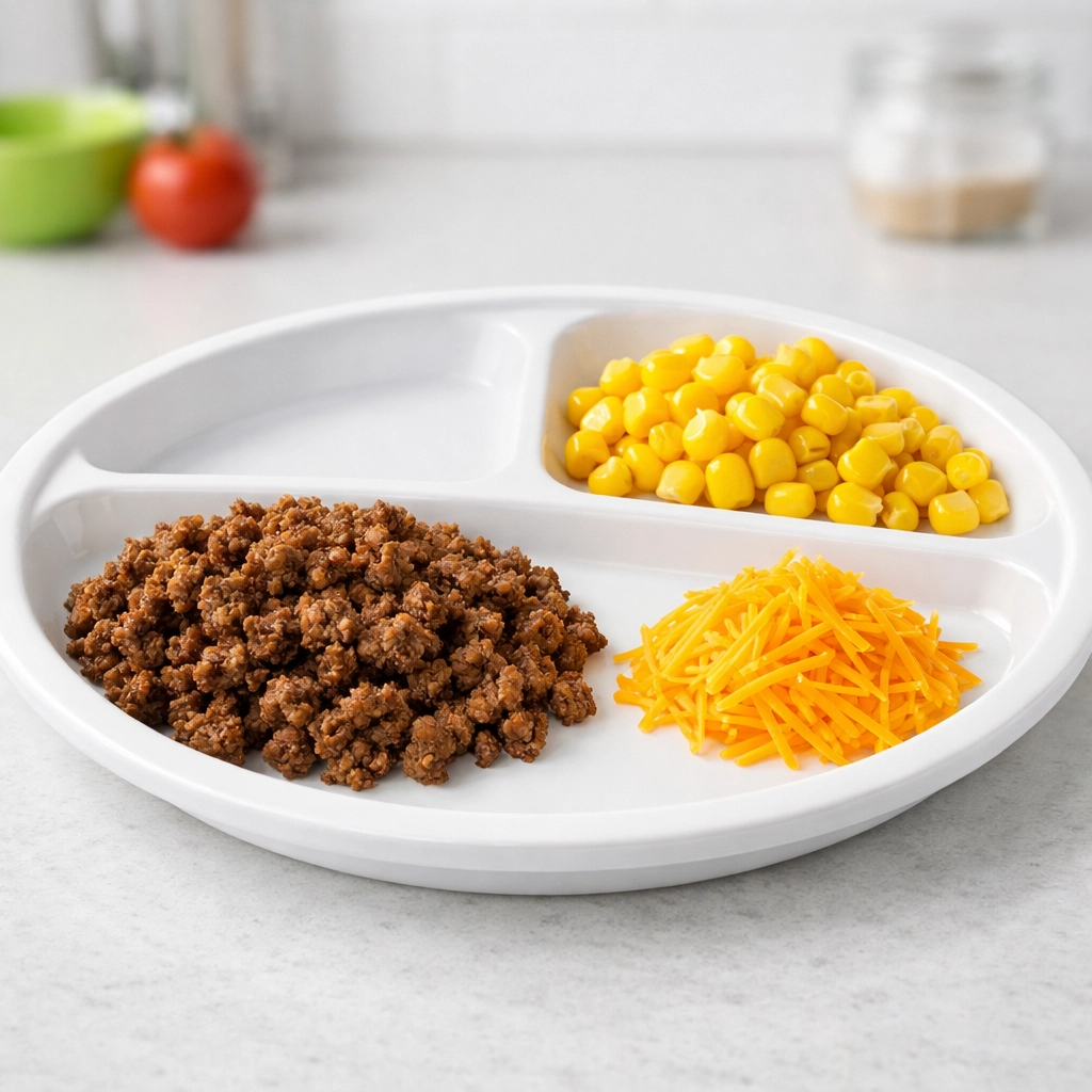 Deconstructed taco plate with separate piles of ground beef, corn, and cheese for picky eaters.